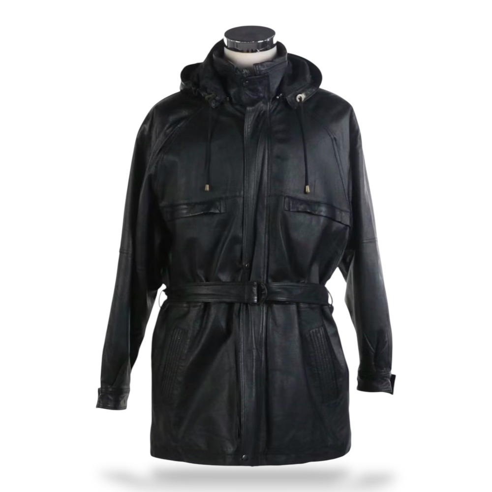 JV Bad Boyz Mens Vintage Black Leather Hooded Belted Parka Jacket Size M RN69580